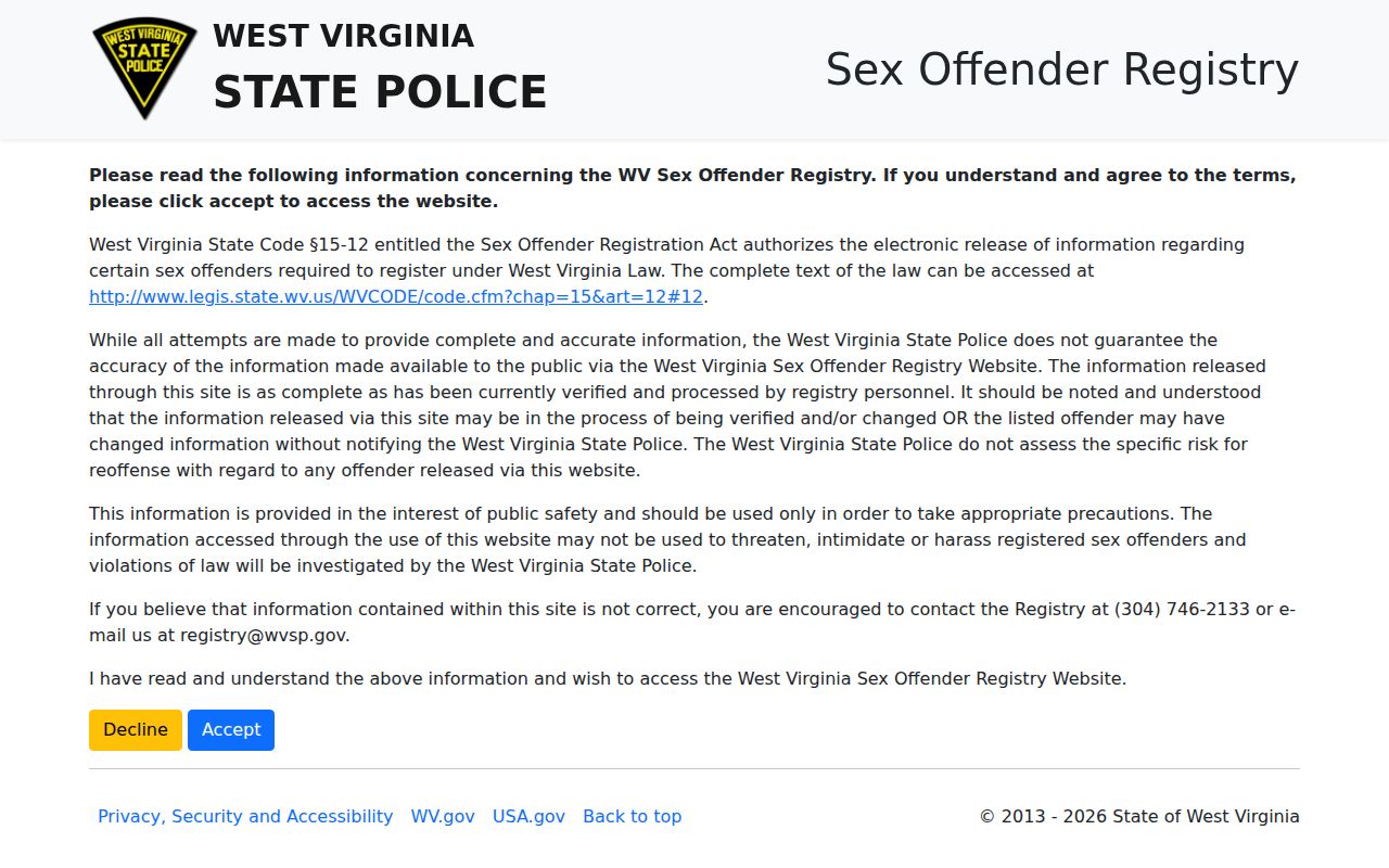 Mercer County sex offender search fields in the West Virginia registry